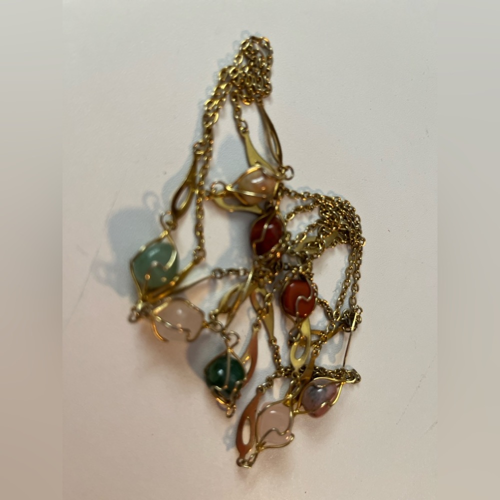 24” Vintage Gold Multicolor gem Stone Pendant Necklace